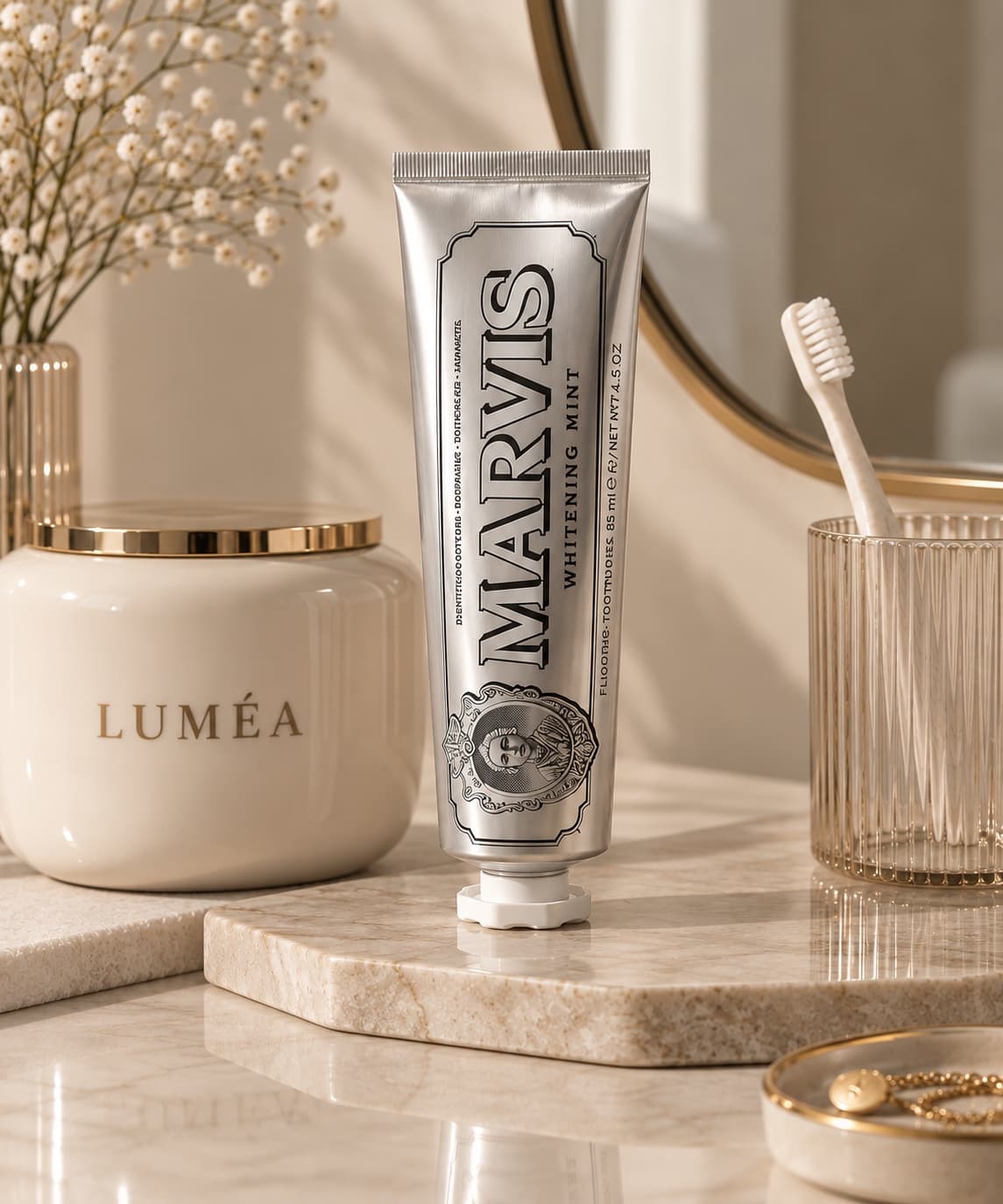 Tube de dentifrice MARVIS Whitening Mint 85 ml posé sur un plateau de marbre